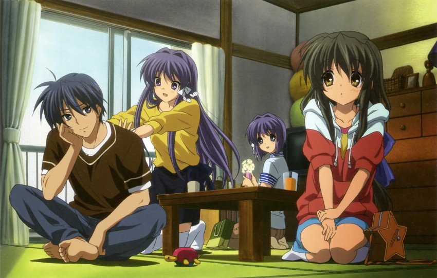 fujibayashi kyou, ibuki fuuko, okazaki tomoya, and fujibayashi ryou (clannad and 1 more)