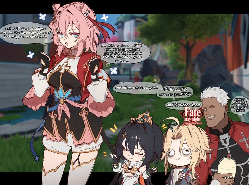 archer, march 7th, yunli, and yanqing (fate and 4 more) drawn by kowai_(iamkowai)