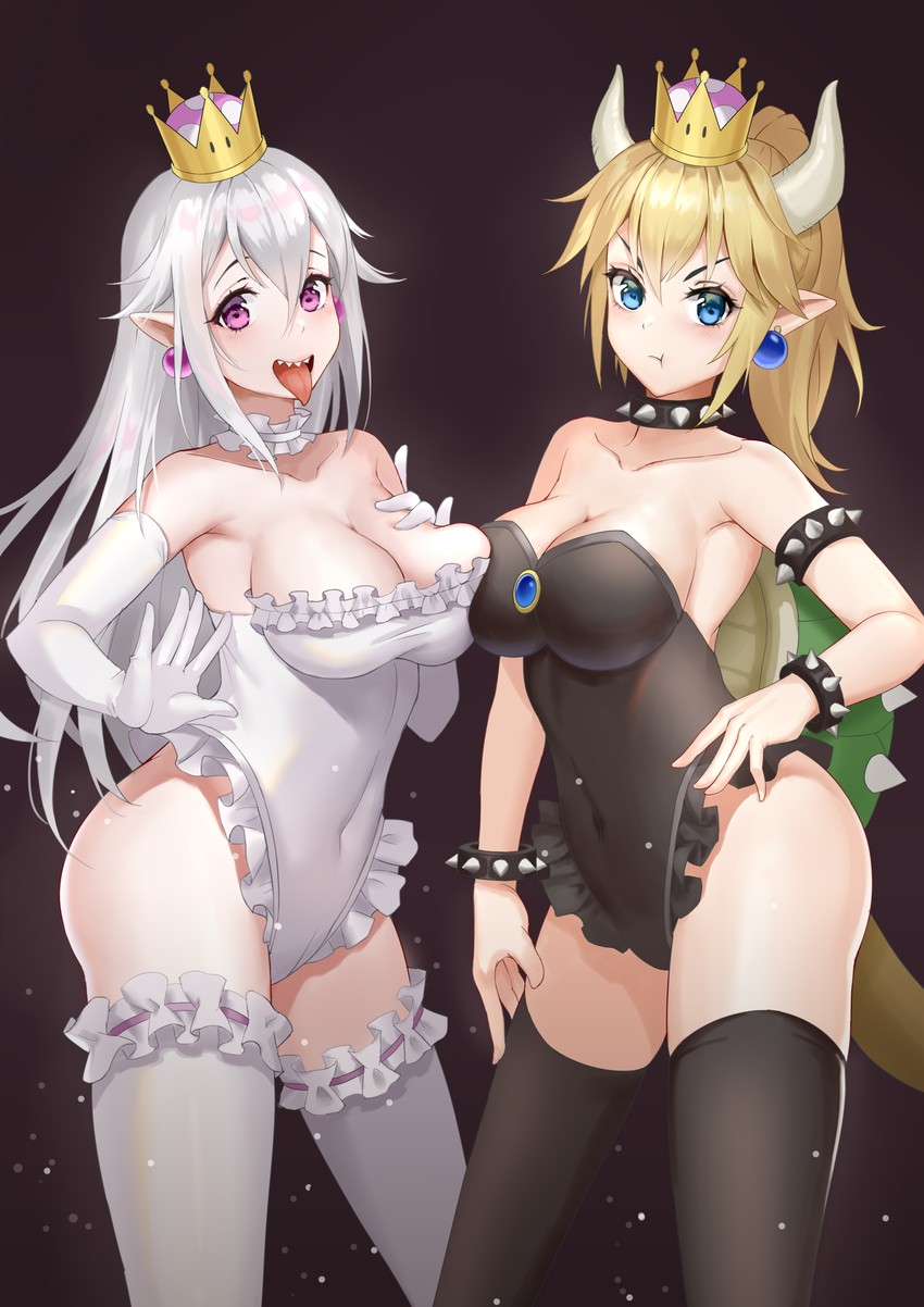 bowsette and princess king boo (mario and 2 more) drawn by hongye_feixue