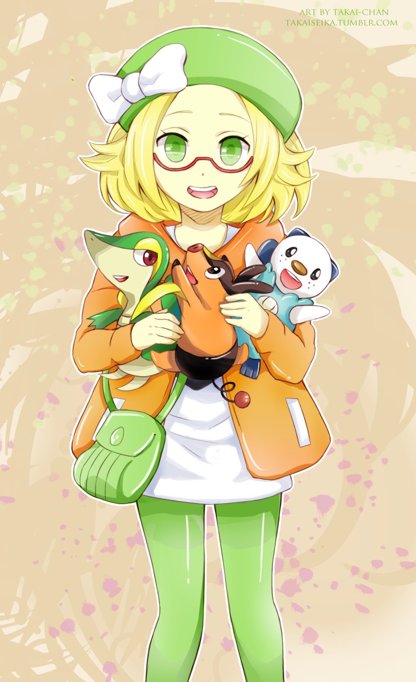 oshawott, snivy, bianca, and tepig (pokemon and 1 more) drawn by takai_seika