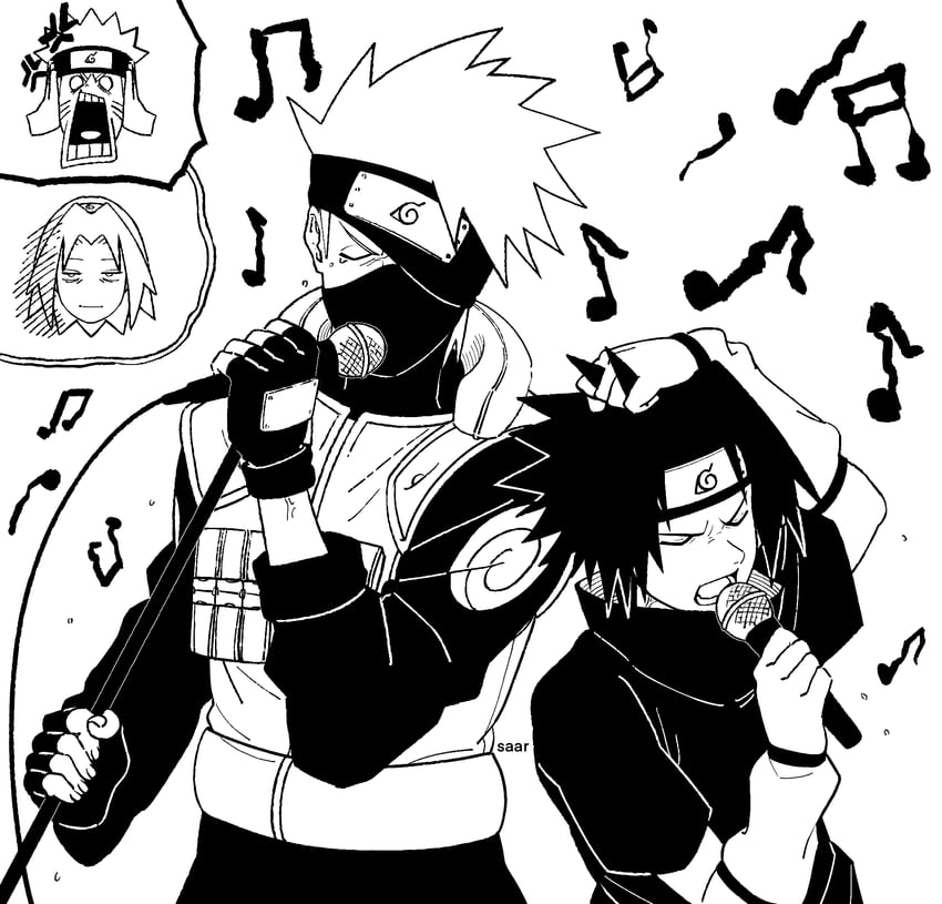 haruno sakura, uzumaki naruto, uchiha sasuke, and hatake kakashi (naruto) drawn by saarcheung