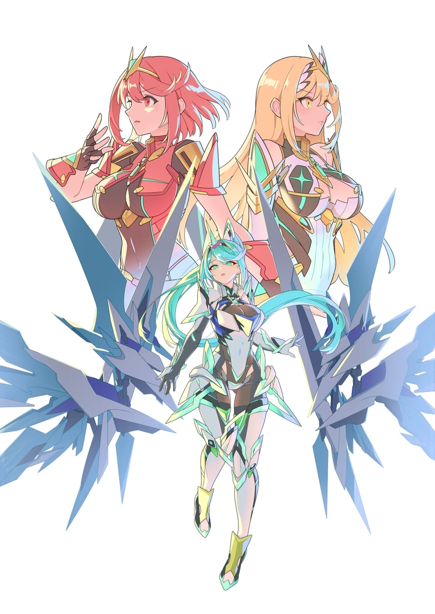 pyra, mythra, and pneuma (xenoblade chronicles and 1 more) drawn by hehe_jun