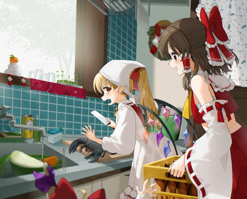 hakurei reimu, flandre scarlet, and ibuki suika (touhou) drawn by gotoh_(nekocat)