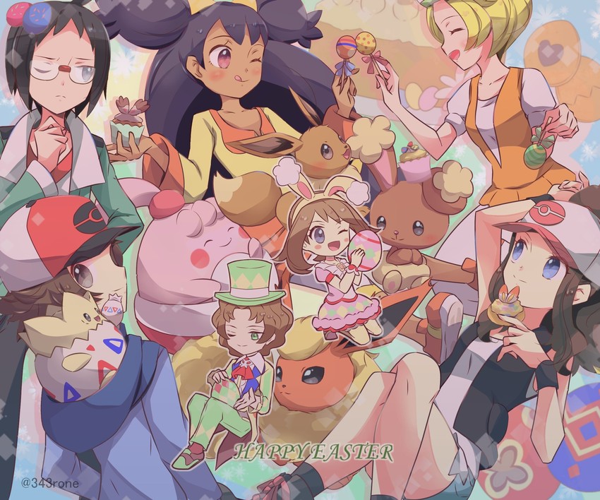 may, hilda, eevee, hilbert, bianca, and 7 more (pokemon and 2 more) drawn by 343rone