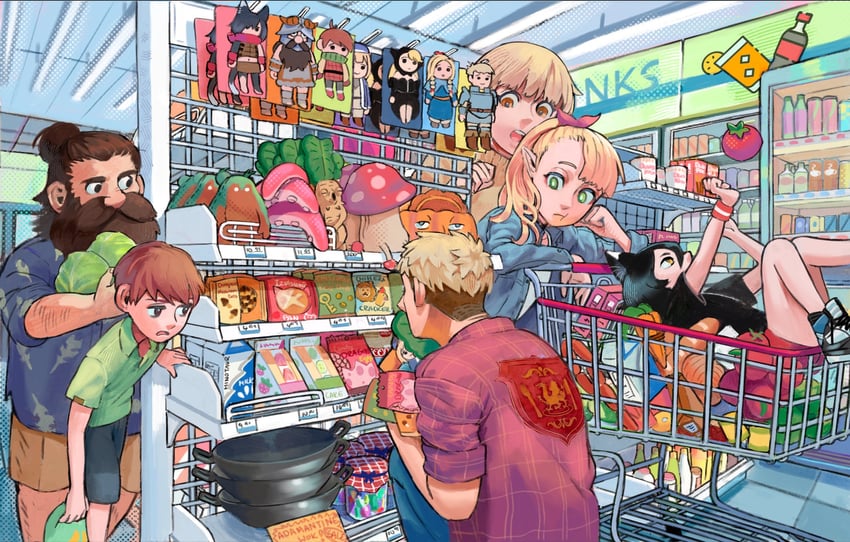 marcille donato, falin touden, laios touden, senshi, chilchuck tims, and 3 more (dungeon meshi) drawn by calilo