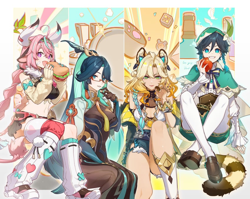 venti, xianyun, varesa, and xilonen (genshin impact) drawn by aiwo_o_lite