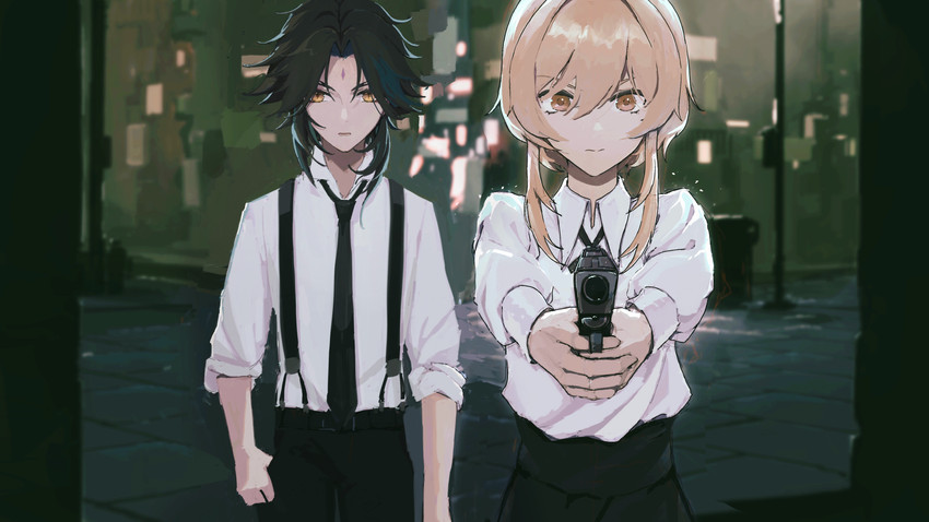 lumine and xiao (genshin impact) drawn by n.s.egg