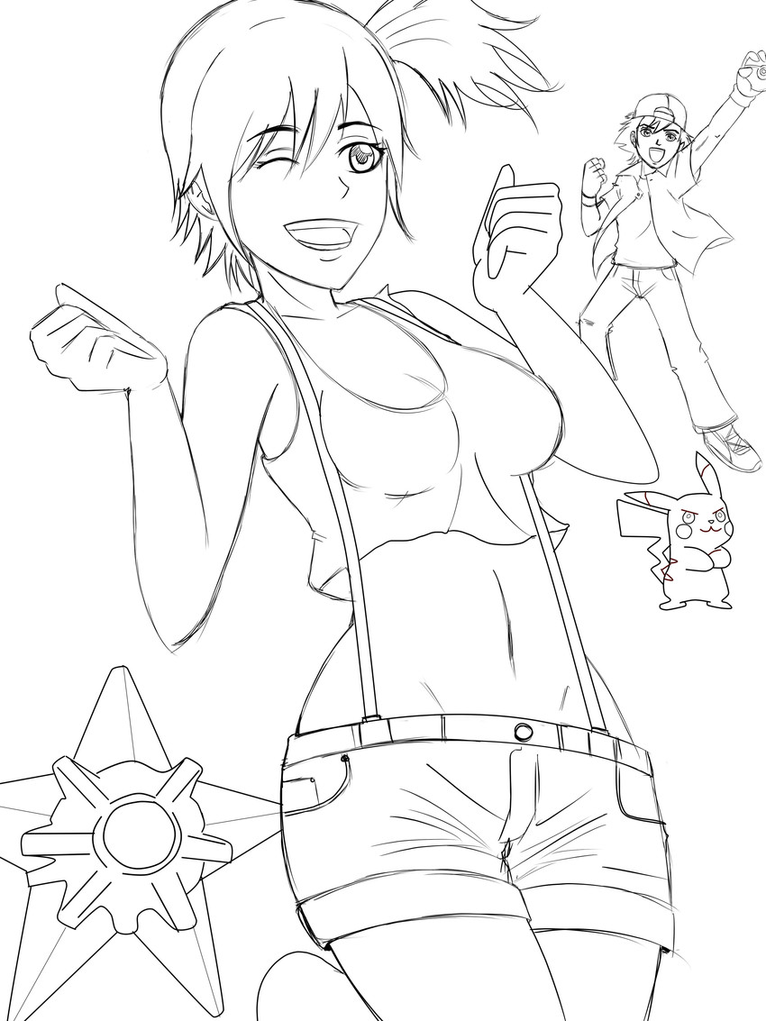 pikachu, ash ketchum, misty, and staryu (pokemon) drawn by angelox27
