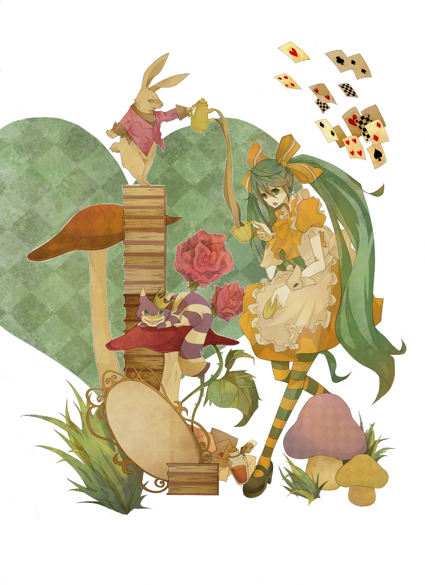 hatsune miku, white rabbit, and cheshire cat (vocaloid and 1 more) drawn by rinkyo