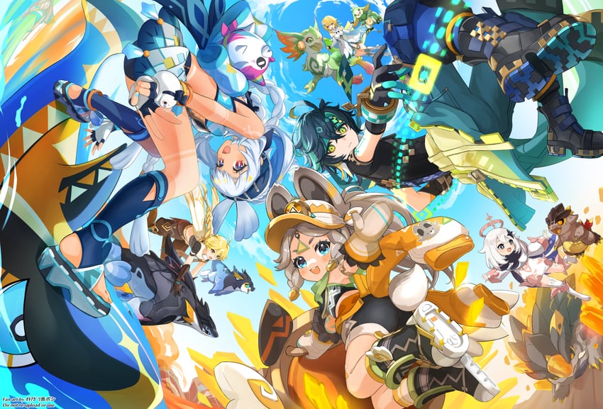 lumine, aether, paimon, mualani, kinich, and 5 more (genshin impact) drawn by okkobc