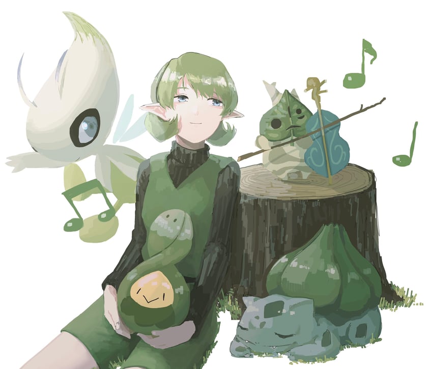 bulbasaur, celebi, korok, budew, saria, and 1 more (pokemon and 3 more) drawn by otsubo_kiko