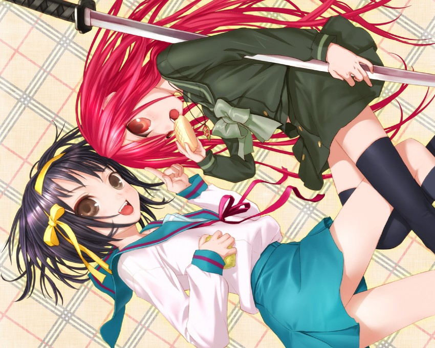suzumiya haruhi, shana, and alastor (suzumiya haruhi no yuuutsu and 1 more) drawn by uni_(plastic_girl)