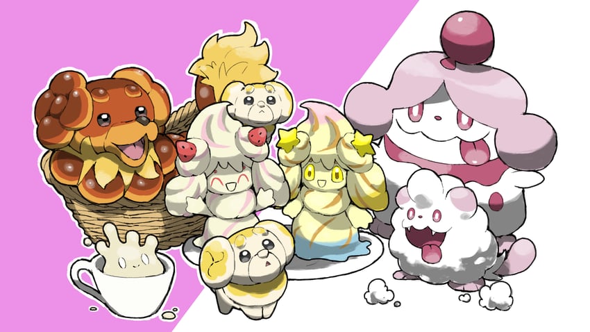 alcremie, swirlix, milcery, fidough, slurpuff, and 1 more (pokemon) drawn by blacknirrow