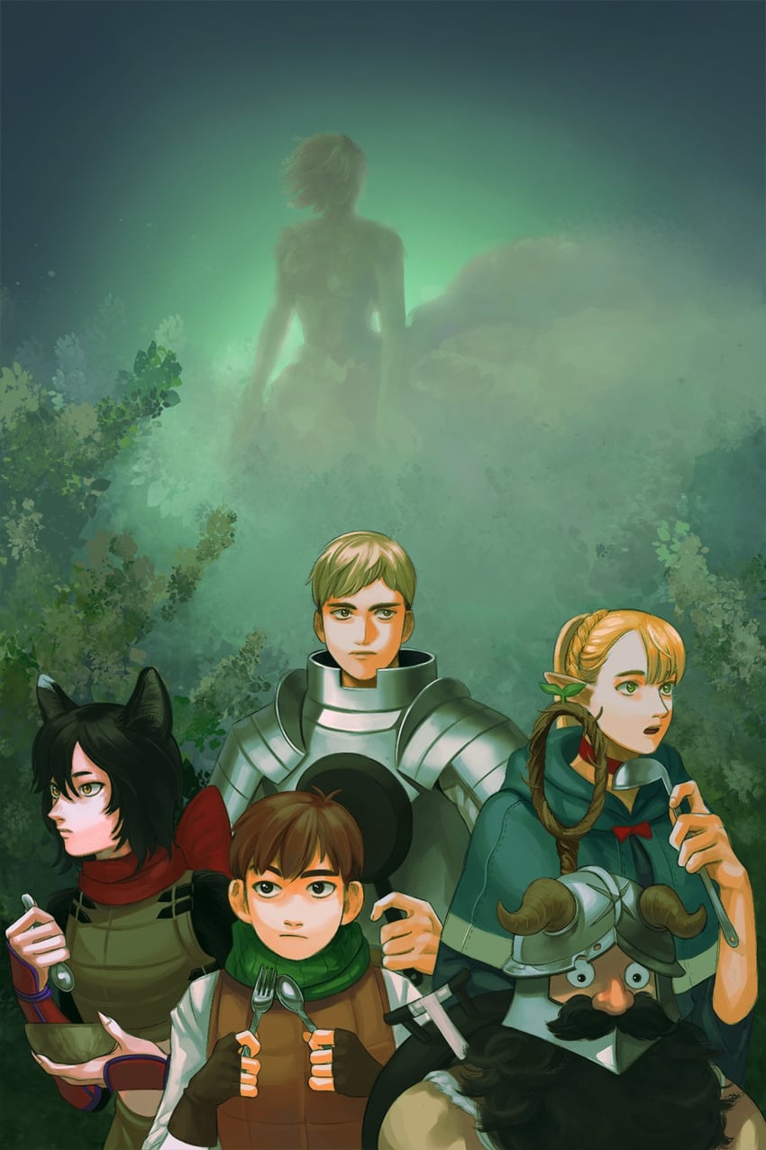 marcille donato, falin touden, laios touden, senshi, chilchuck tims, and 1 more (dungeon meshi) drawn by dancing_singer