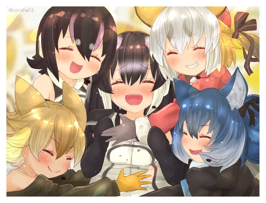island fox, humboldt penguin, coyote, dire wolf, and african penguin (kemono friends and 1 more) drawn by coroha