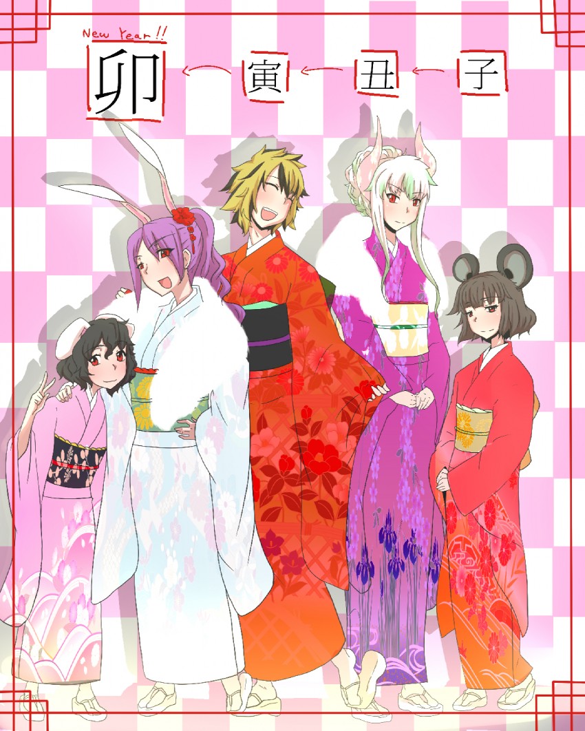 reisen udongein inaba, kamishirasawa keine, inaba tewi, nazrin, toramaru shou, and 1 more (touhou) drawn by bakuya