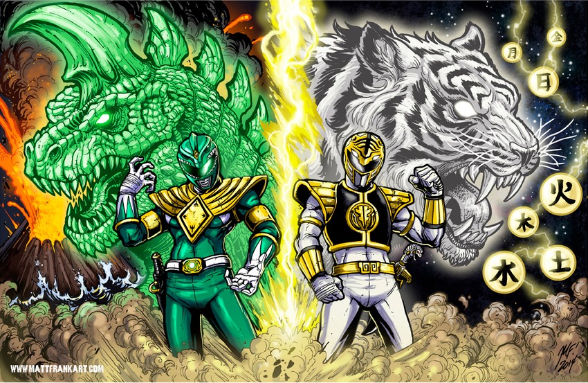 dragon ranger, mighty morphin green ranger, kiba ranger, mighty morphin white ranger, dragon caesar, and 4 more (super sentai and 4 more) drawn by matt_frank