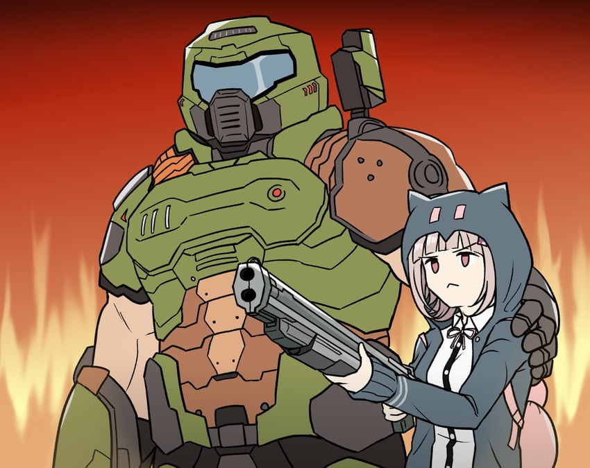 nanami chiaki and doomguy (danganronpa and 3 more) drawn by kmnm_1403