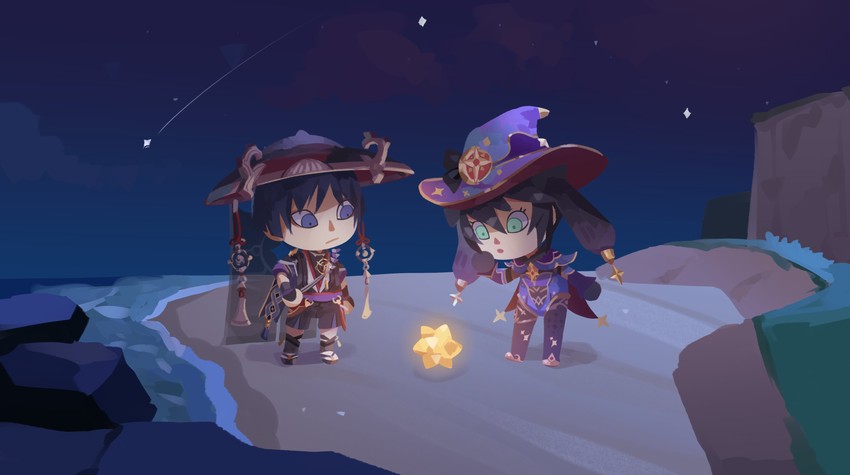 scaramouche and mona (genshin impact and 1 more) drawn by prinzcake