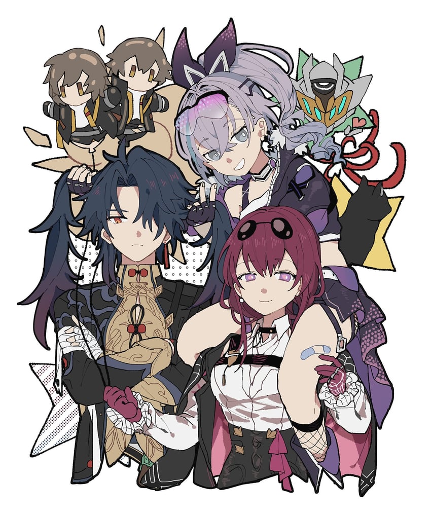 trailblazer, stelle, kafka, caelus, silver wolf, and 2 more (honkai and 1 more) drawn by lin_yuan_haruyoshi