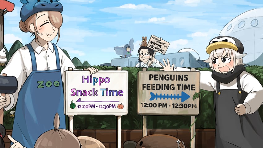 penguin keeper, survey girl, penguin fan, bob cut twin, urban area keeper, and 2 more (zookeepers) drawn by diva_(hyxpk)
