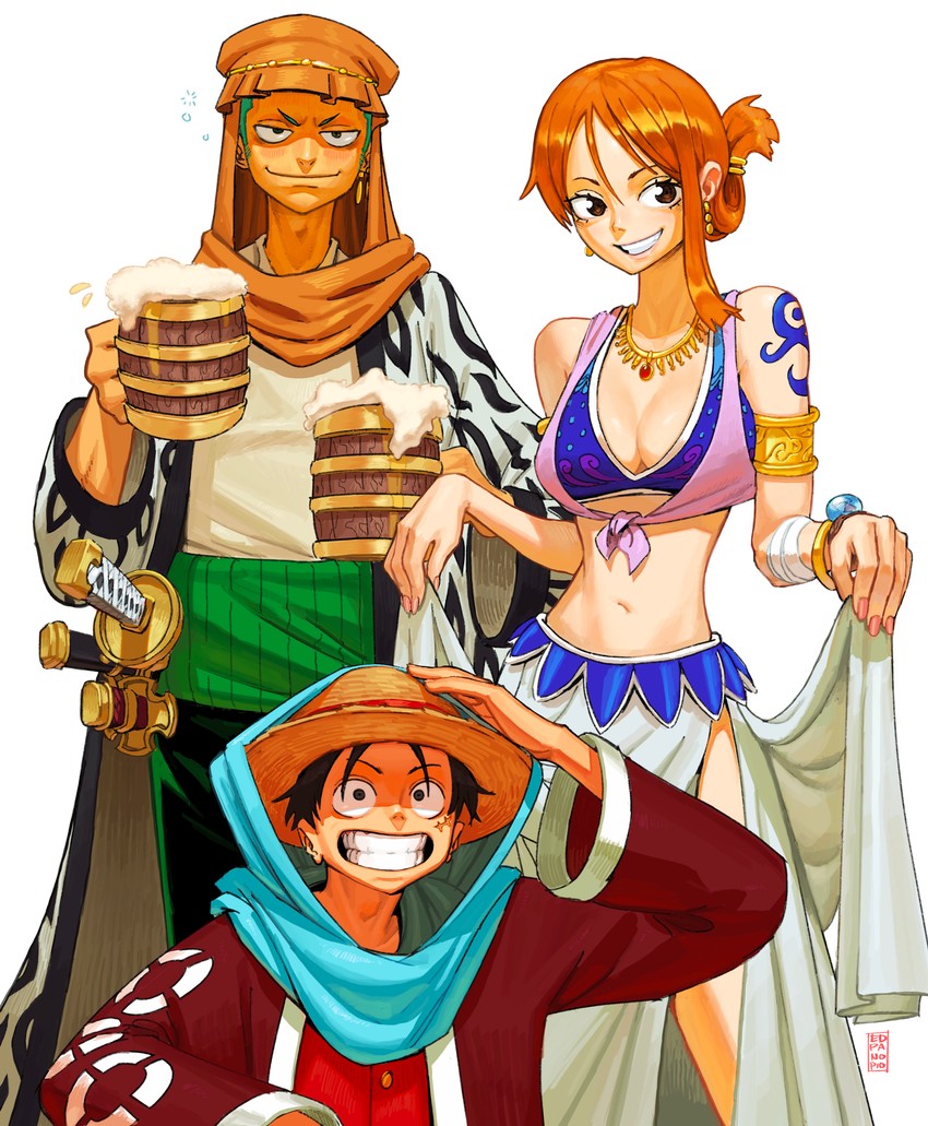 nami, monkey d. luffy, and roronoa zoro (one piece) drawn by edpan