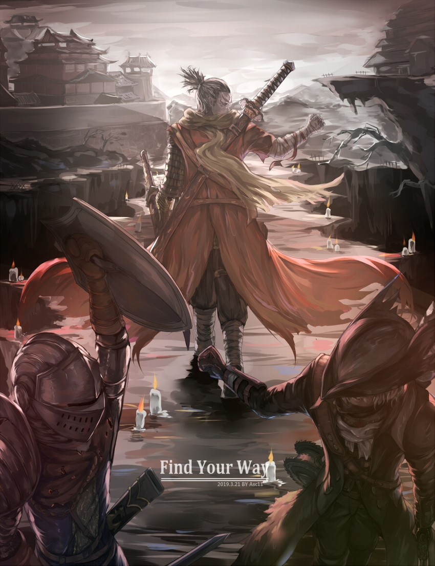 hunter, sekiro, and chosen undead (dark souls and 3 more) drawn by asc11