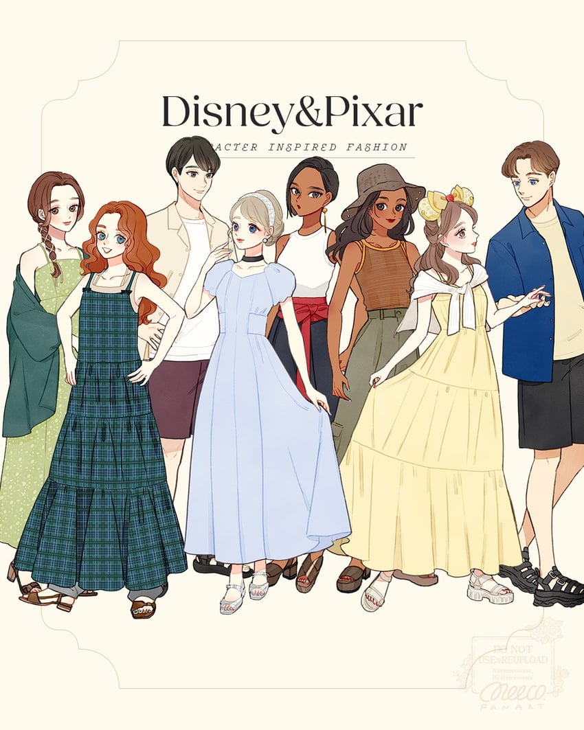 belle, cinderella, beast, merida, prince adam, and 4 more (disney and 4 more) drawn by meecosme