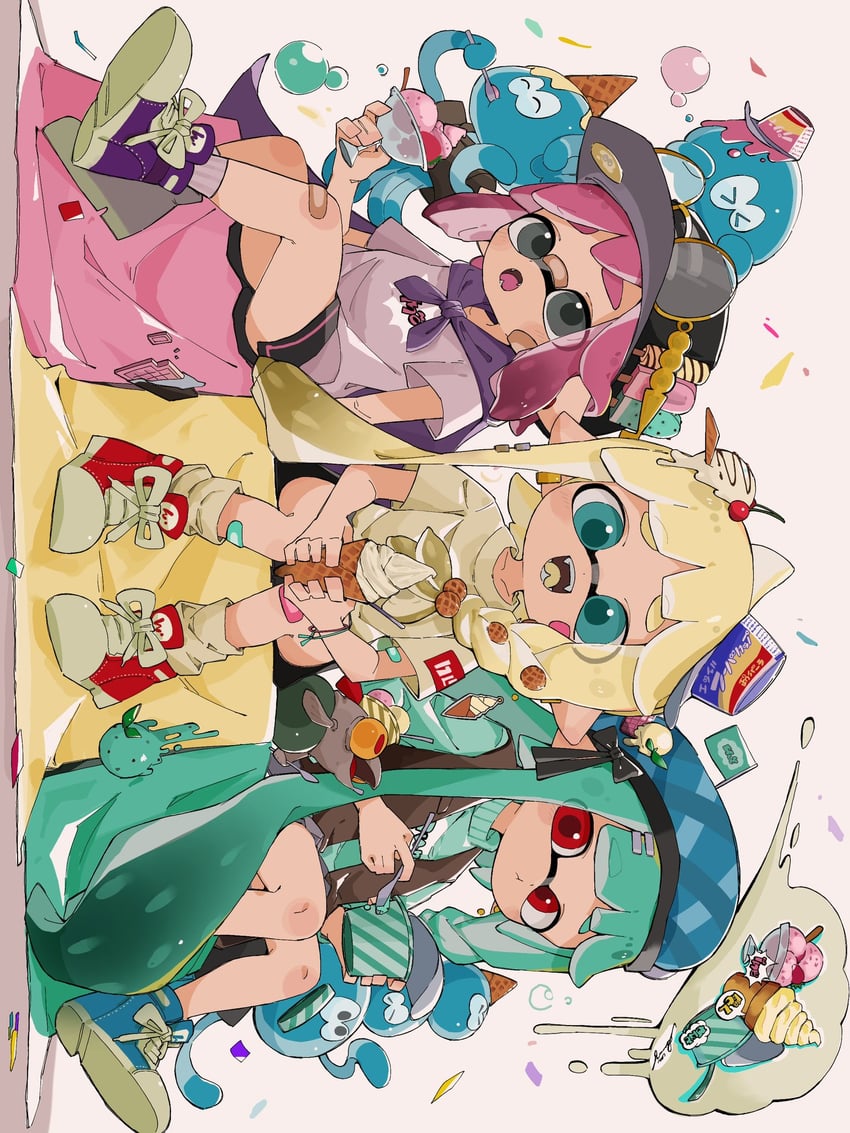 inkling player character, inkling girl, smallfry, and jellyfish (splatoon and 1 more) drawn by chiikama_(plus67kt)
