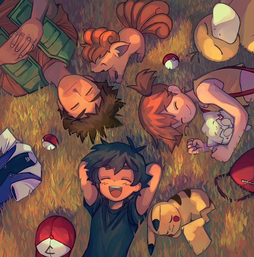 pikachu, ash ketchum, misty, psyduck, vulpix, and 2 more (pokemon) drawn by malan