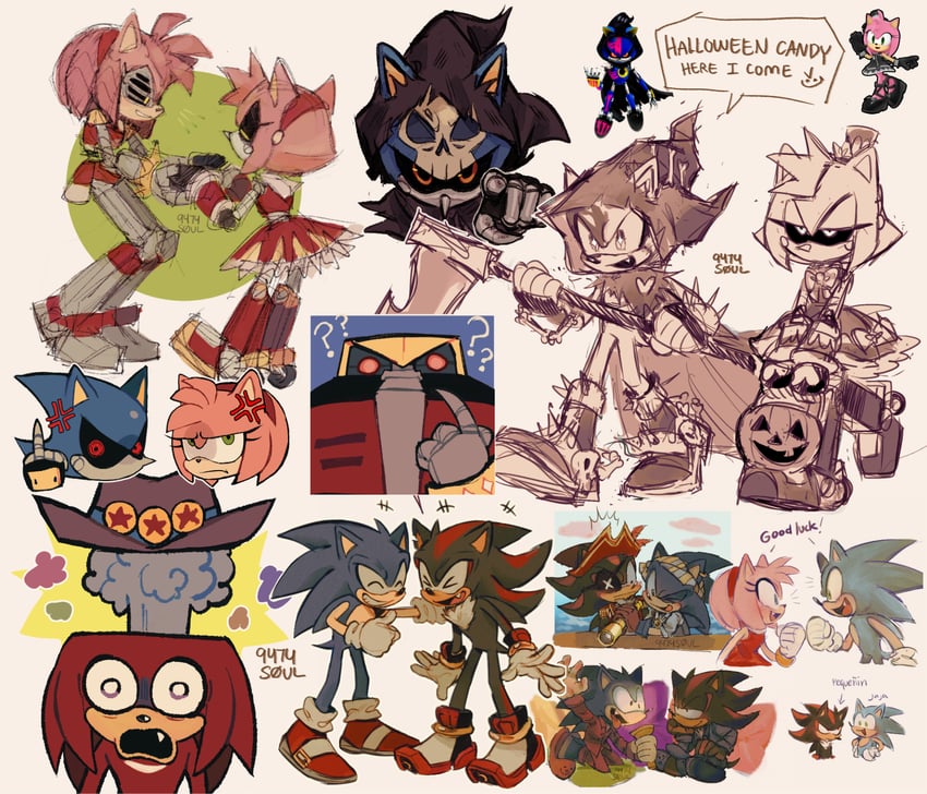 sonic the hedgehog, shadow the hedgehog, amy rose, knuckles the echidna, death, and 5 more (sonic and 4 more) drawn by 9474s0ul