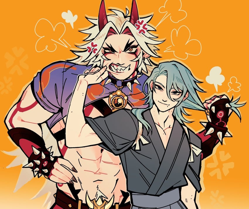 kamisato ayato and arataki itto (genshin impact) drawn by dante_(rottendevilman)
