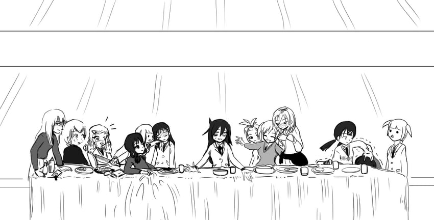 kuroki tomoko, tamura yuri, katou asuka, nemoto hina, uchi emiri, and 7 more (watashi ga motenai no wa dou kangaetemo omaera ga warui! and 1 more) drawn by kanann