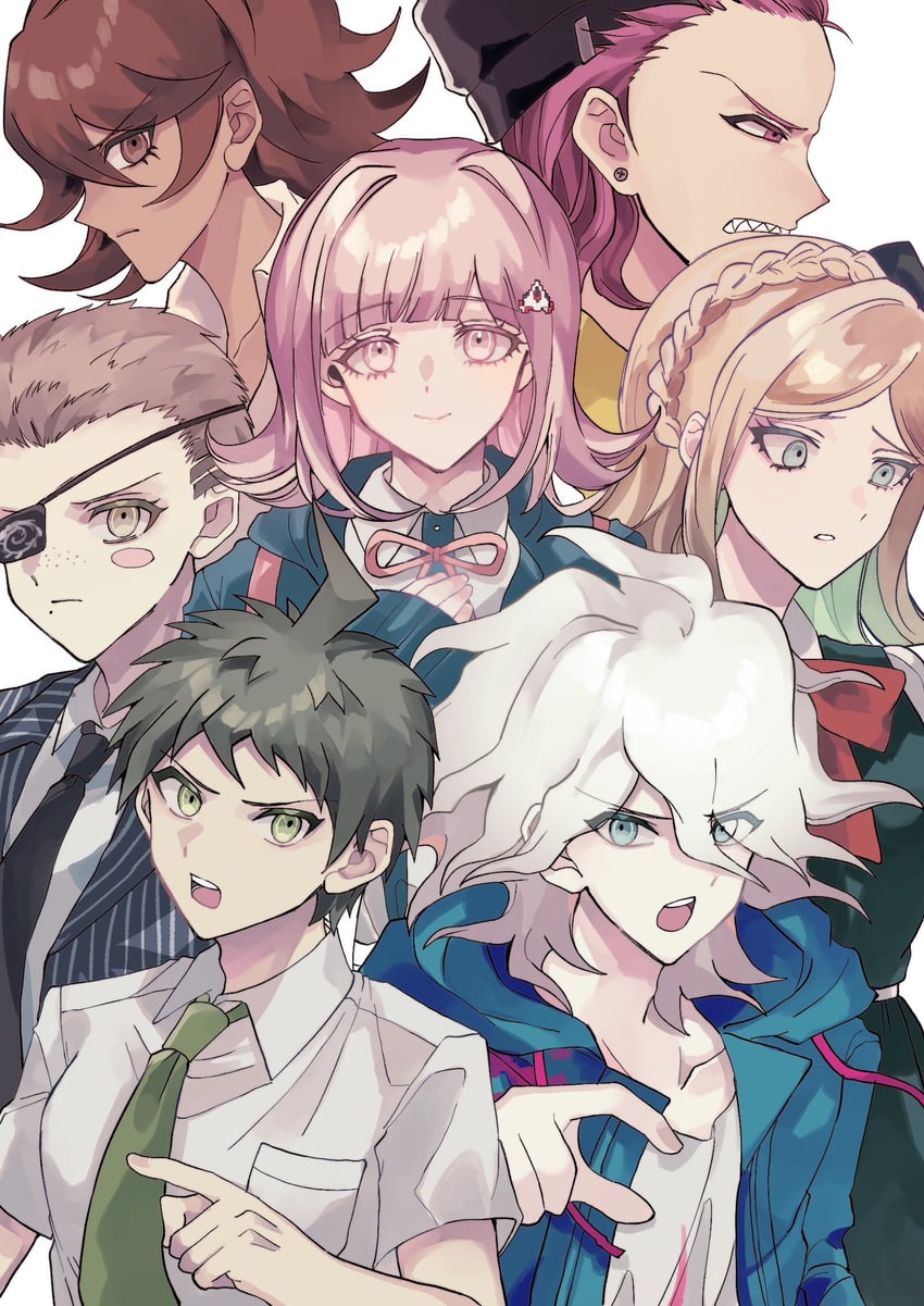 nanami chiaki, komaeda nagito, hinata hajime, sonia nevermind, soda kazuichi, and 2 more (danganronpa and 2 more) drawn by hakumai_(mgmg_okomee)