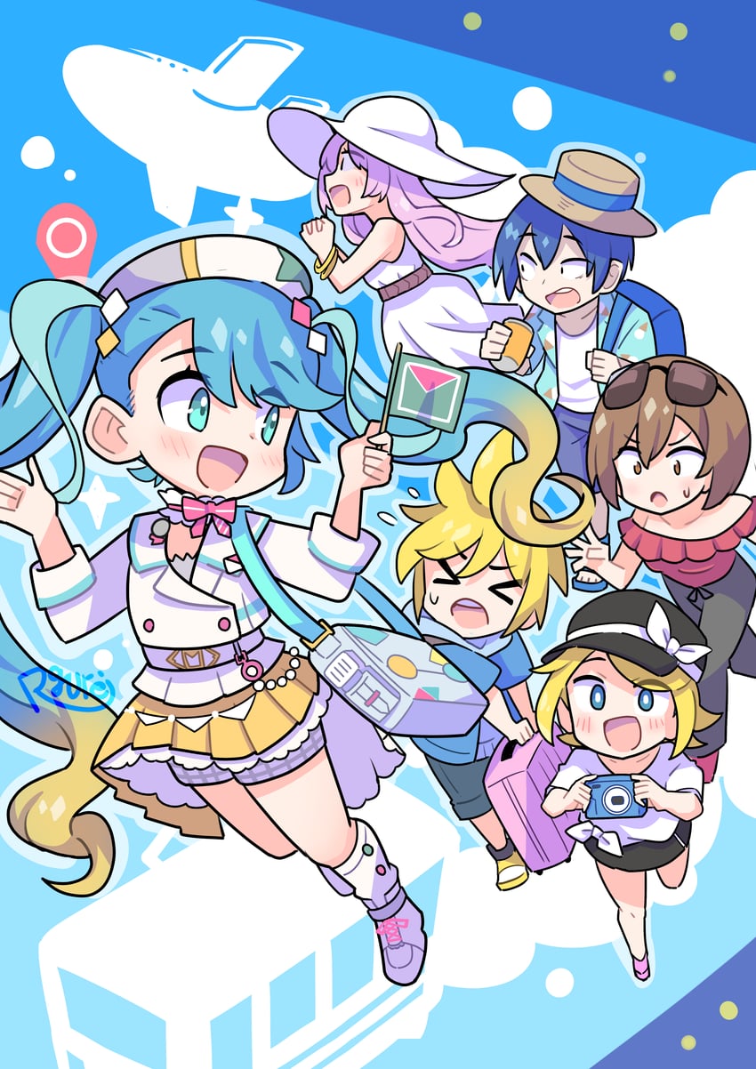 hatsune miku, kagamine rin, kagamine len, megurine luka, kaito, and 2 more (vocaloid and 1 more) drawn by rgurei0529