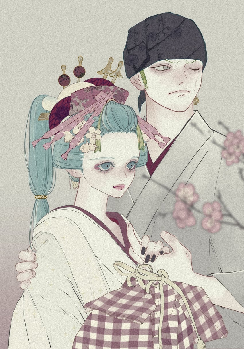 roronoa zoro and kouzuki hiyori (one piece) drawn by sskw_mm