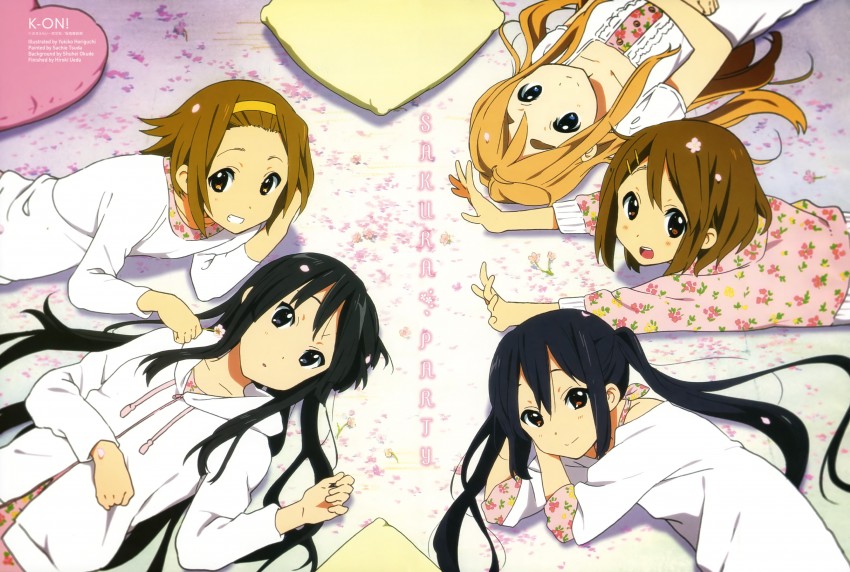 akiyama mio, nakano azusa, hirasawa yui, tainaka ritsu, and kotobuki tsumugi (k-on! and 1 more) drawn by horiguchi_yukiko, okude_shuhei, tsuda_sachie, and ueda_hiroki
