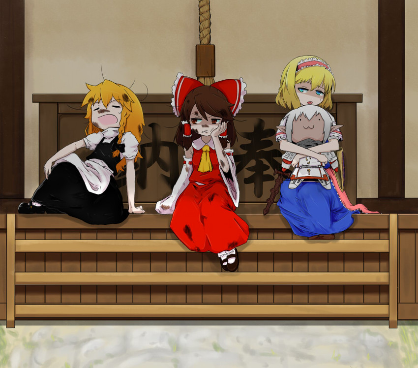 hakurei reimu, kirisame marisa, alice margatroid, and buront (touhou and 3 more) drawn by iwamasama