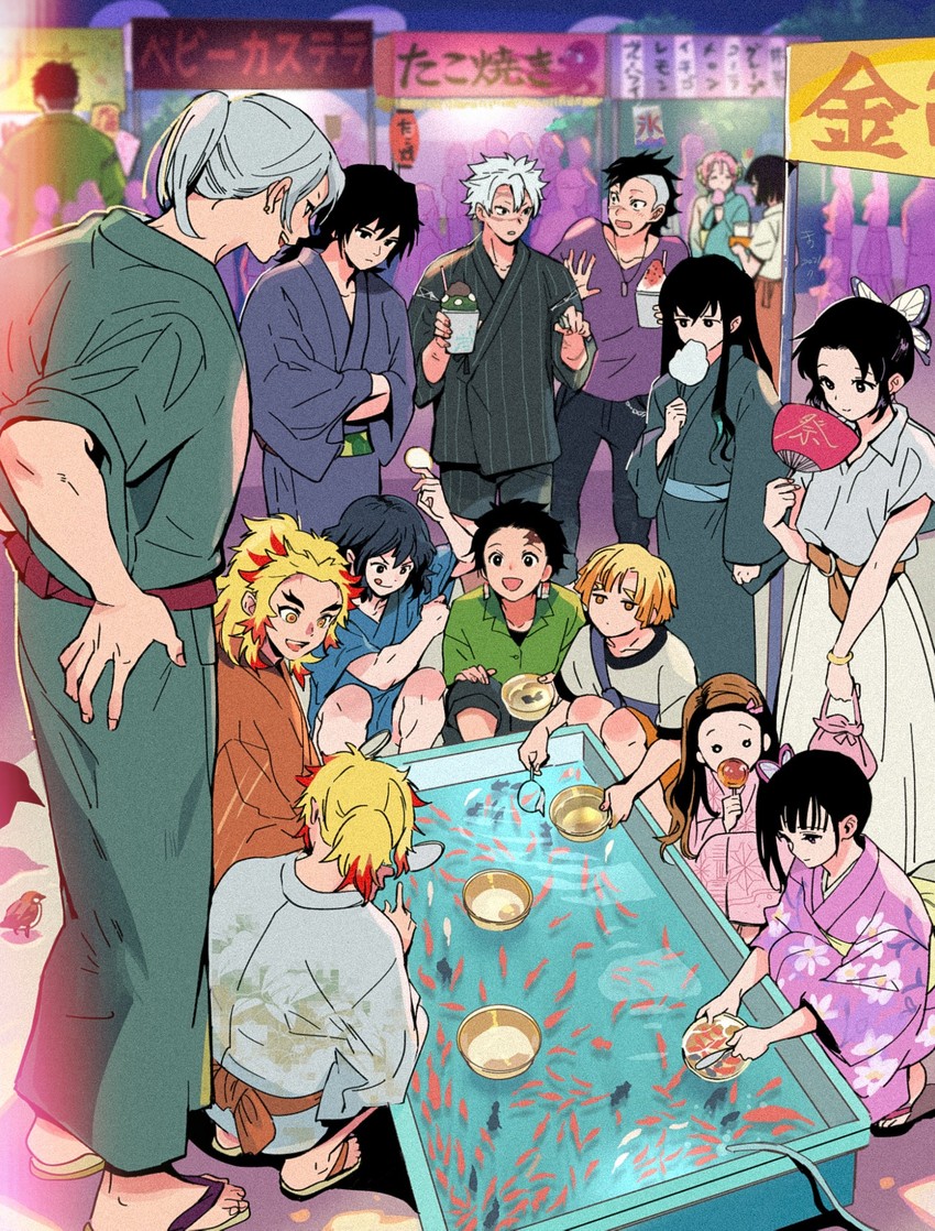 kamado nezuko, kochou shinobu, kanroji mitsuri, kamado tanjirou, rengoku kyoujurou, and 12 more (kimetsu no yaiba) drawn by kotone_ranmaru