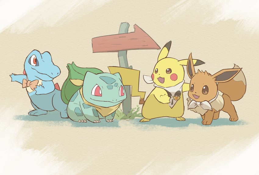 pikachu, eevee, bulbasaur, and totodile (pokemon and 1 more) drawn by yamaori_(hakkentai_pokedan)