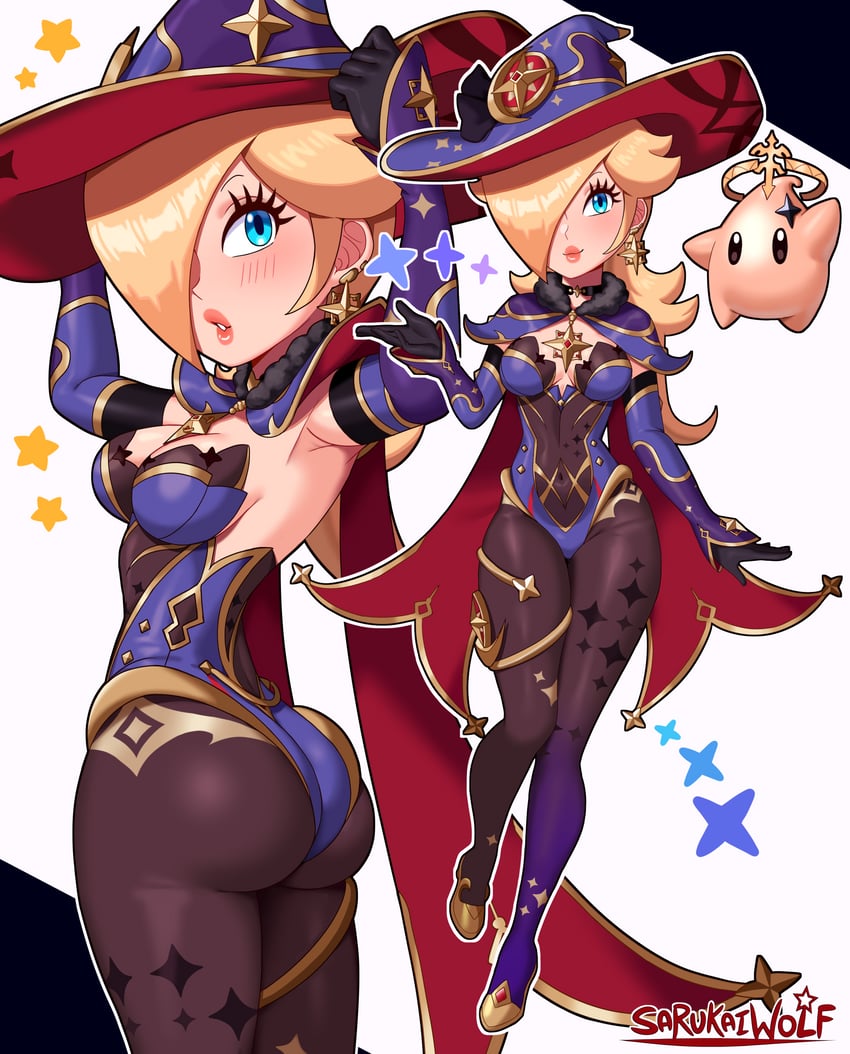 mona, paimon, rosalina, luma, and baby luma (genshin impact and 2 more) drawn by sarukaiwolf