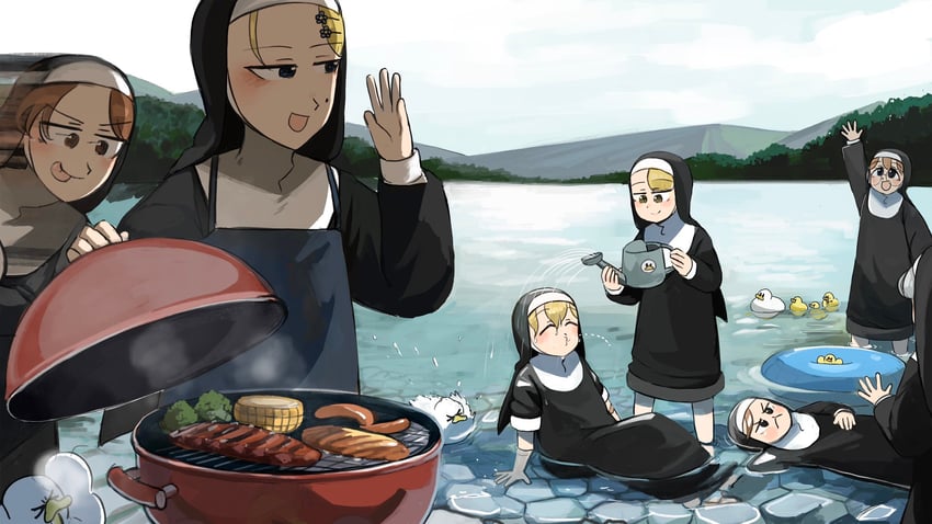 clumsy nun, froggy nun, spicy nun, strict nun, sheep nun, and 2 more (little nuns) drawn by diva_(hyxpk)