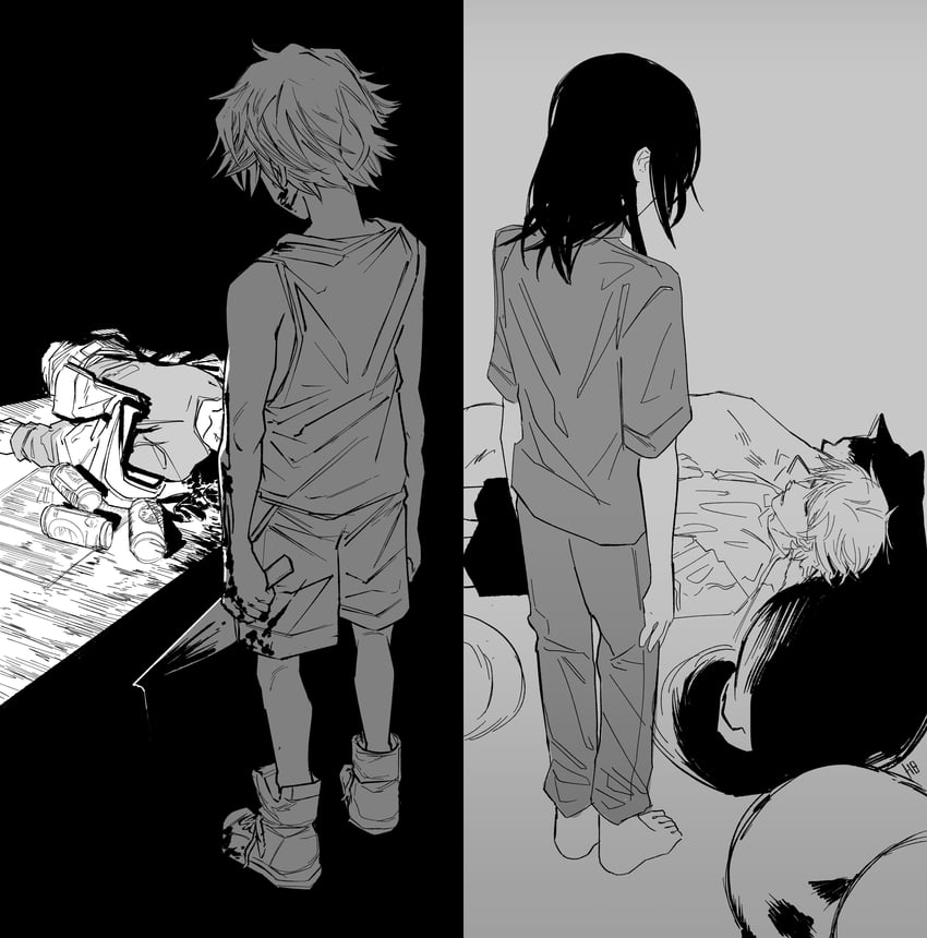 denji, nayuta, and meowy (chainsaw man) drawn by heartbreak_juan