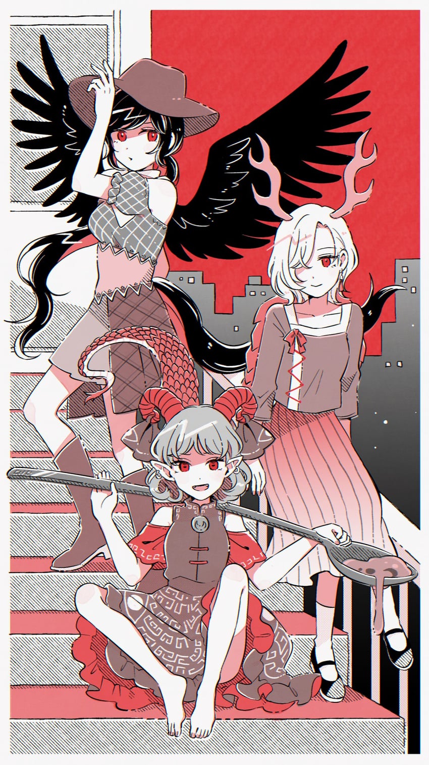 kicchou yachie, kurokoma saki, and toutetsu yuuma (touhou) drawn by mozukuzu_(manukedori)