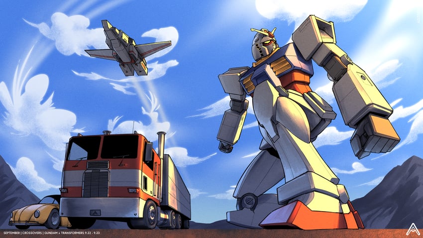 rx-78-2 gundam, optimus prime, bumblebee, and jetfire (gundam and 3 more) drawn by azizdraws