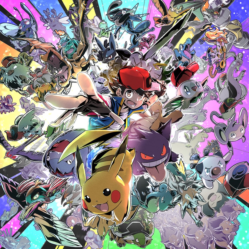 pikachu, ash ketchum, rowlet, charizard, lucario, and 53 more (pokemon and 1 more) drawn by kakashino_kakato