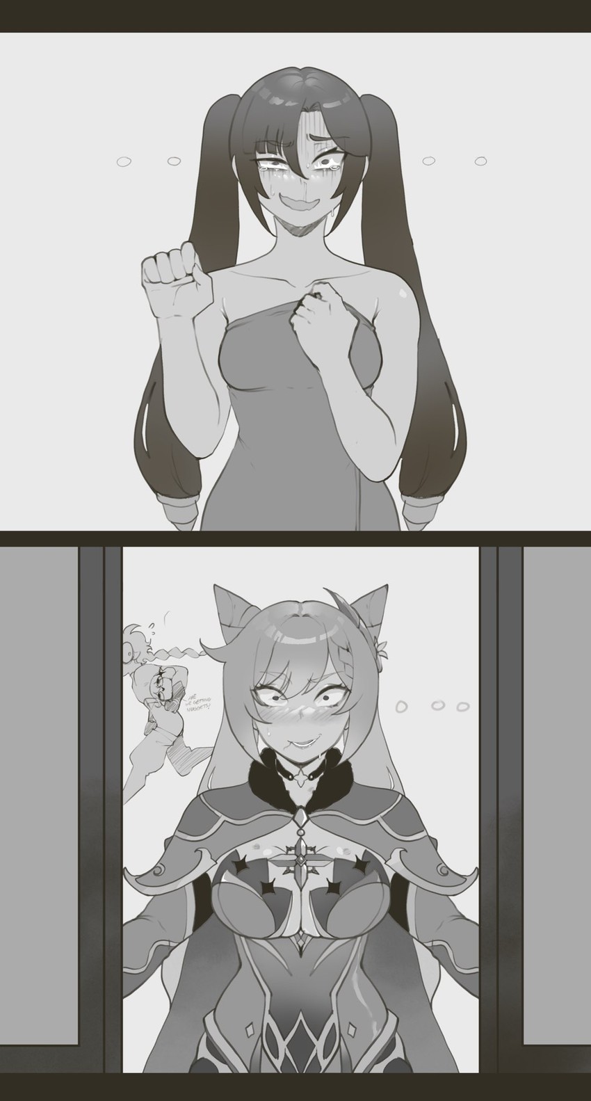 aether, mona, keqing, and paimon (genshin impact and 1 more) drawn by nyantcha