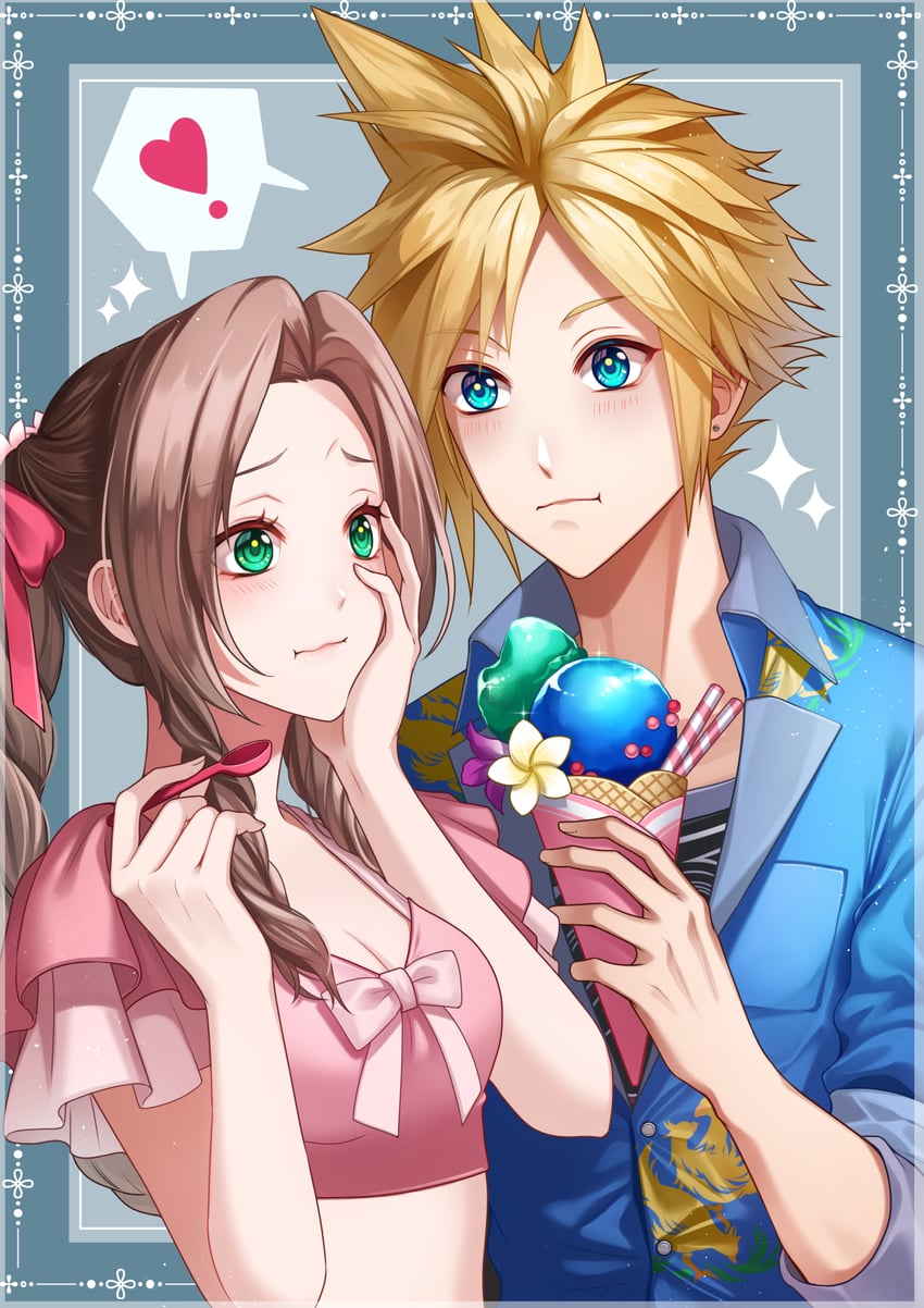 cloud strife and aerith gainsborough (final fantasy and 3 more) drawn by papiwanko