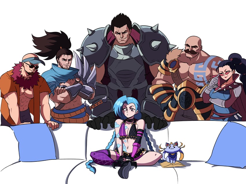 jinx, darius, yasuo, vayne, yuumi, and 2 more (league of legends) drawn by tina_fate