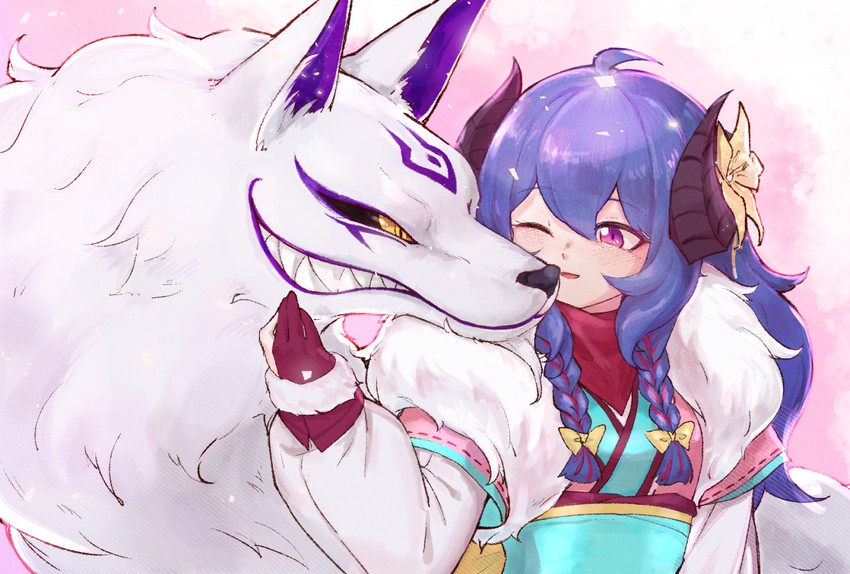 kindred, lamb, wolf, and spirit blossom kindred (league of legends) drawn by kuru006